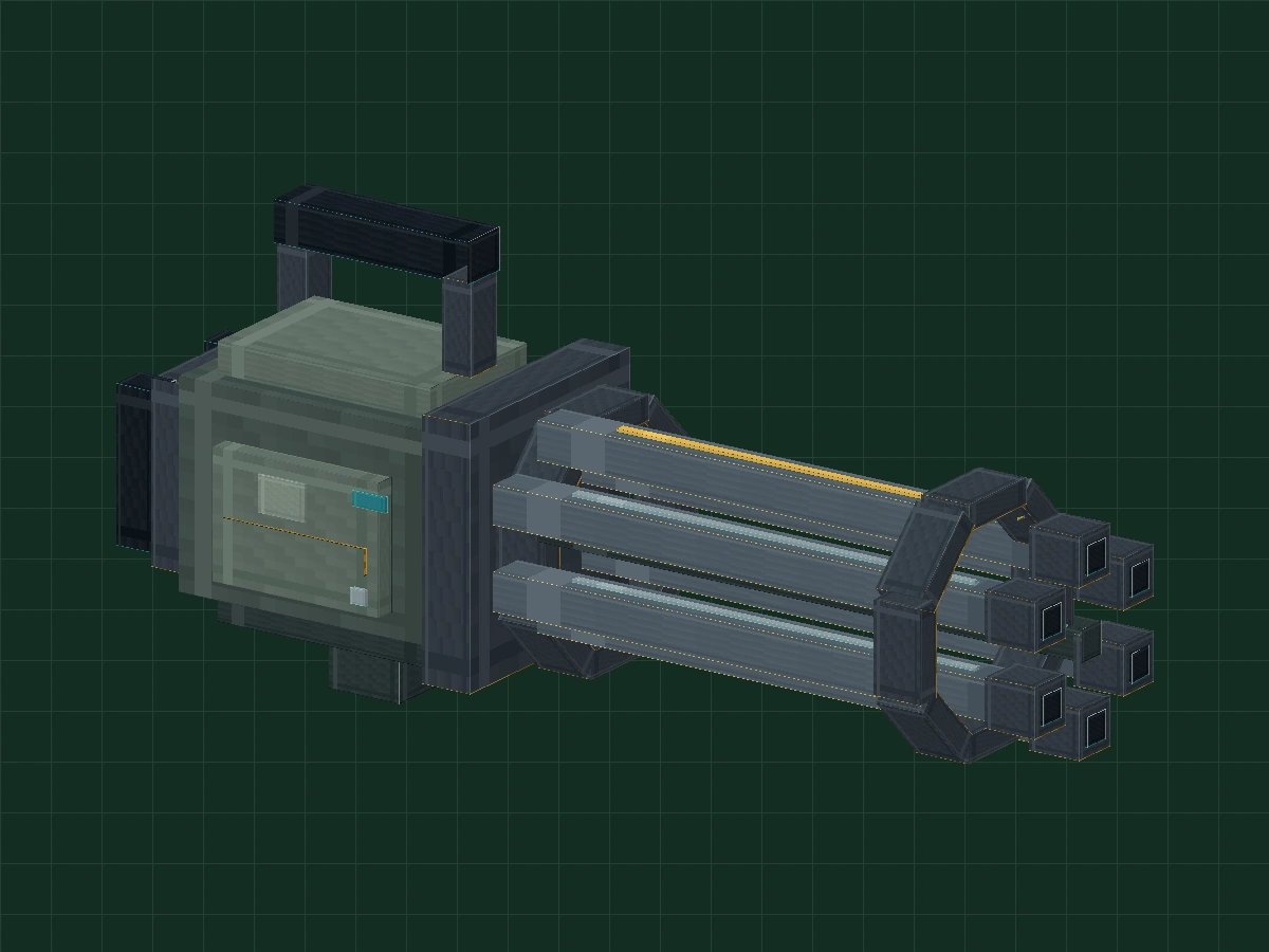 A block-style Gatling model with a gray-green housing and a rotating six-barrel assembly