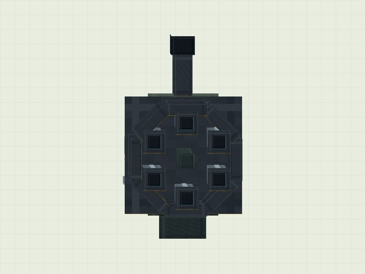 The six dark end faces of the six-tube Gatling seen along the X long axis
