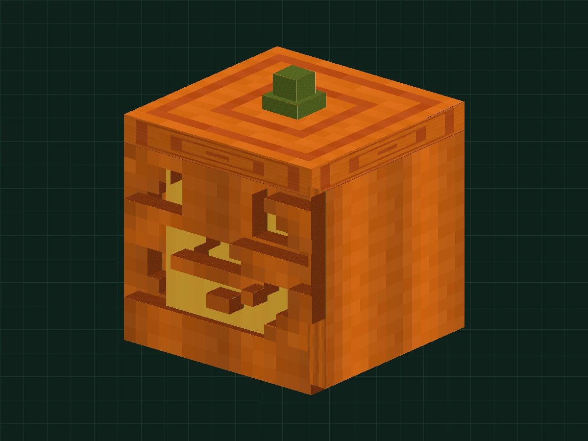 Orange pumpkin lantern on green grid background with hollow smiley face, green melon stem and pixel texture