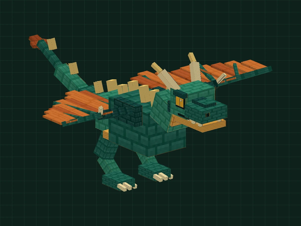 Square flying dragon with dark green scales, copper-orange wings and segmented tail