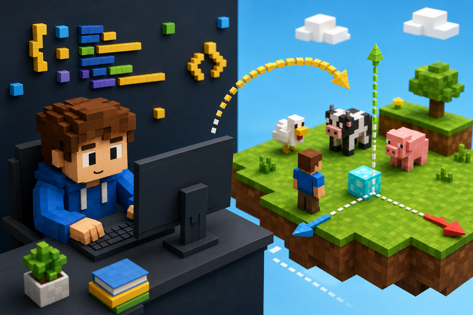 Students control the chicken, cow, pig and block generation effects in a Minecraft-style world through code