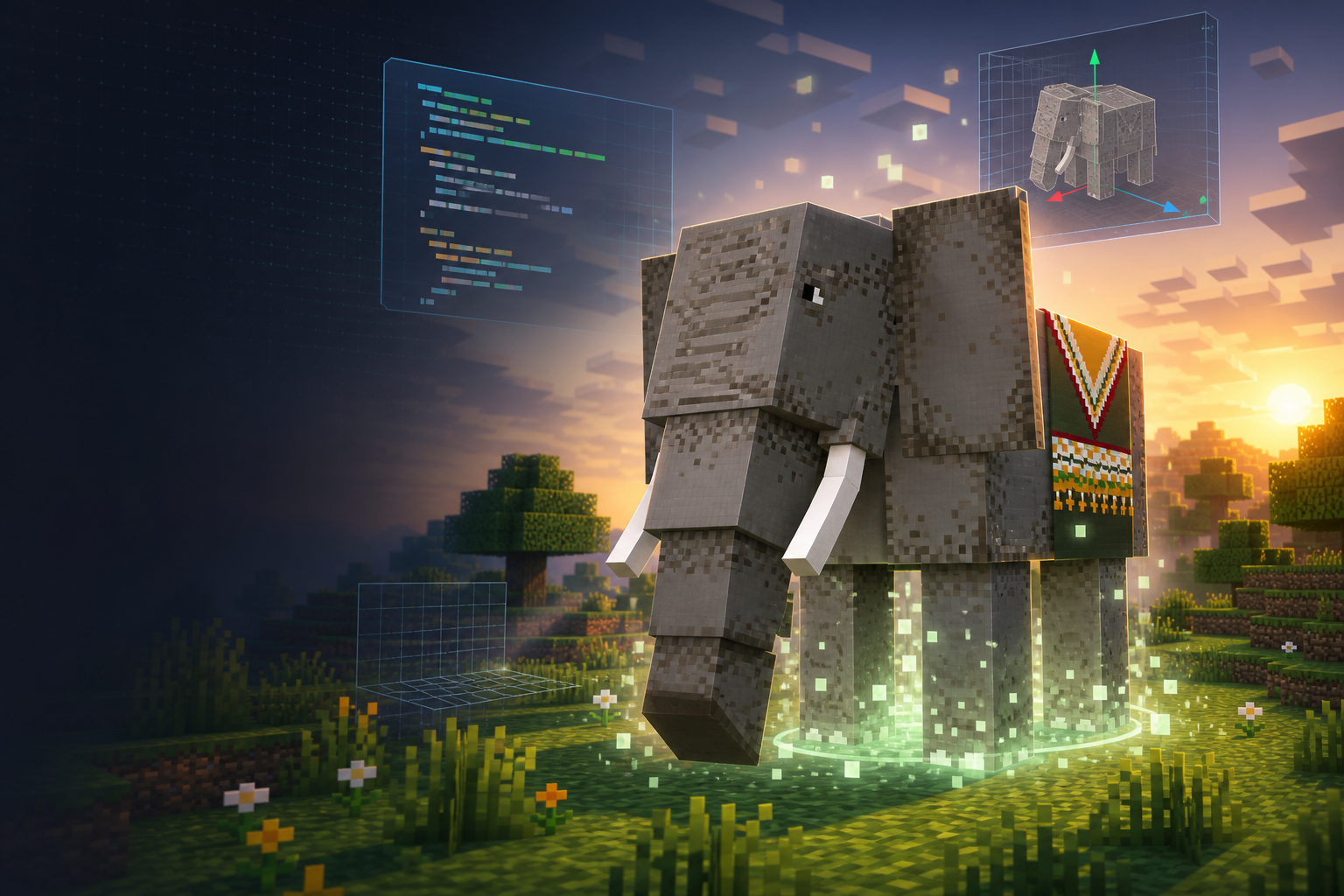Minecraft 风格大象生物从粒子中生成，旁边有代码面板和 Blockbench 网格提示