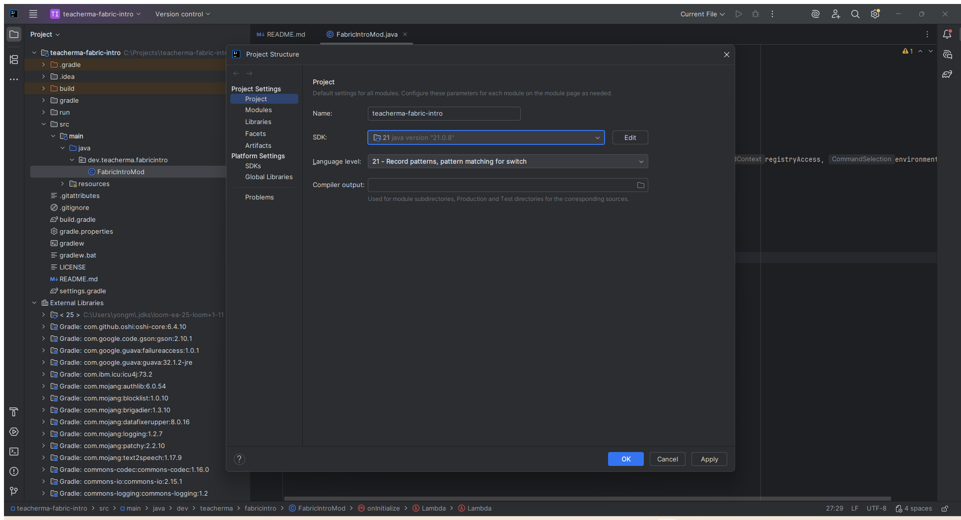 IntelliJ IDEA Project Structure dialog box, Project SDK has selected JDK 21, Language level is also 21