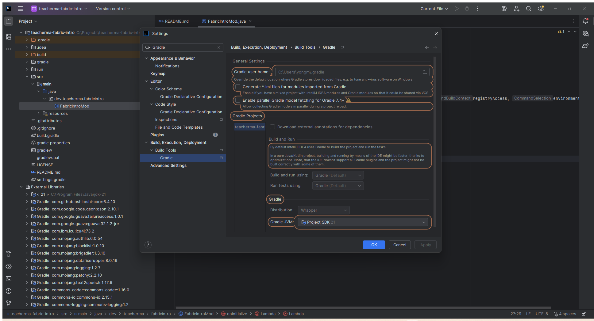 IntelliJ IDEA Gradle settings page, Gradle JVM has selected Project SDK 21