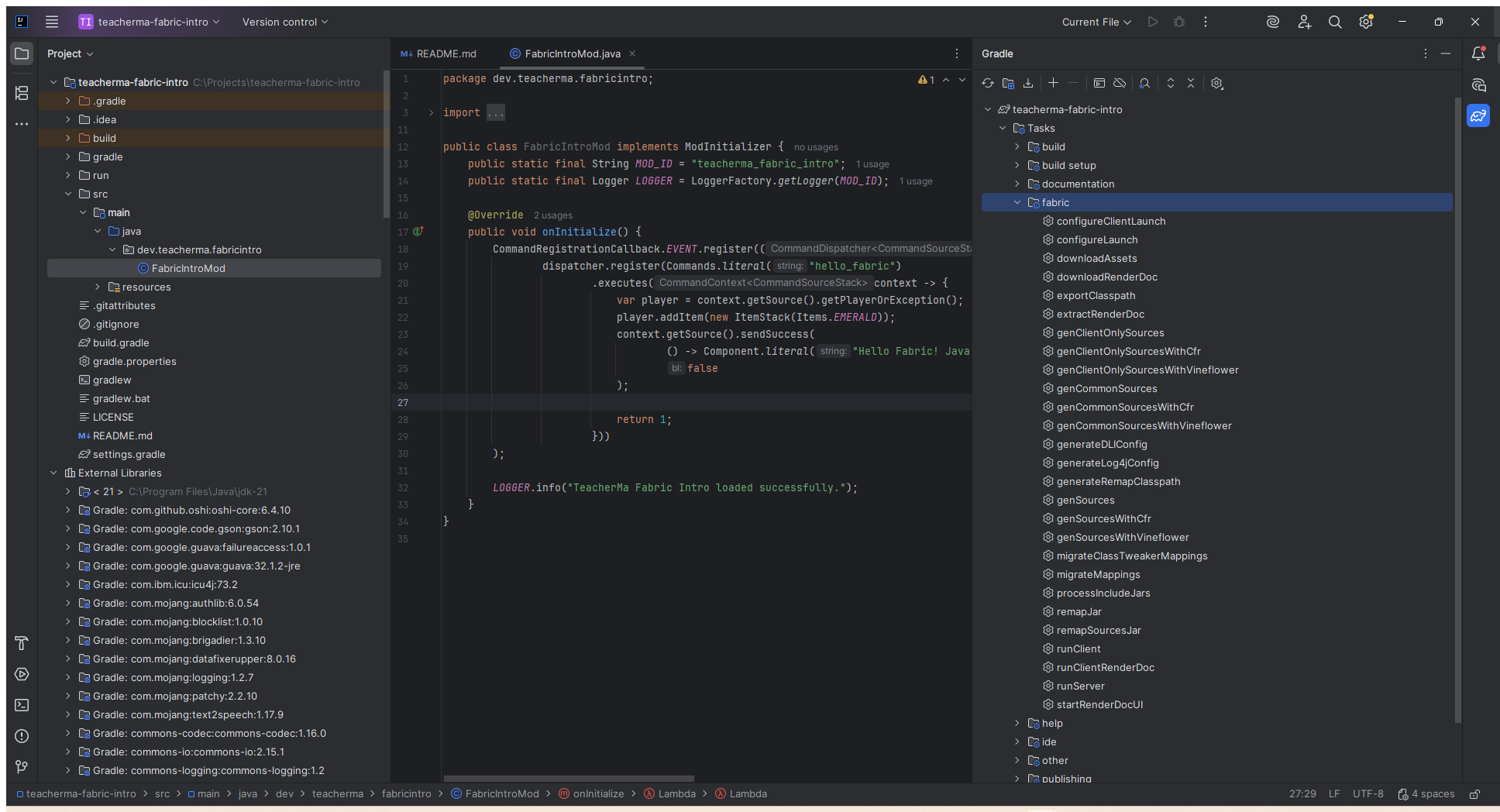 The Gradle tool window on the right side of IntelliJ IDEA has expanded the Tasks and fabric groups, and you can see the runClient task.