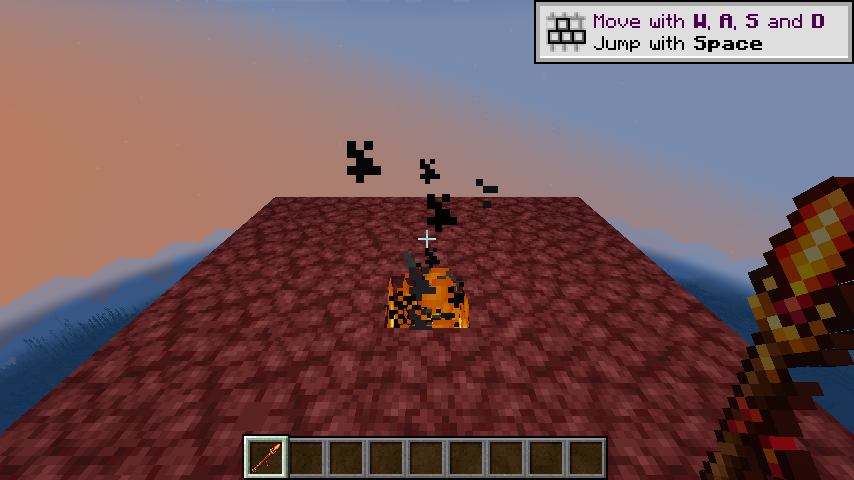 Minecraft Fabric 1.20 开发客户端中，玩家手持自定义魔法棒，中央下界岩方块被左键点燃并冒出烟雾