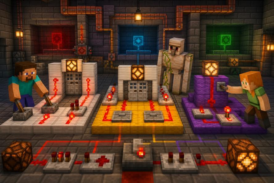 AND, OR and NOT combine or reverse conditions. The redstone gates in the illustration help us remember what each operator does.