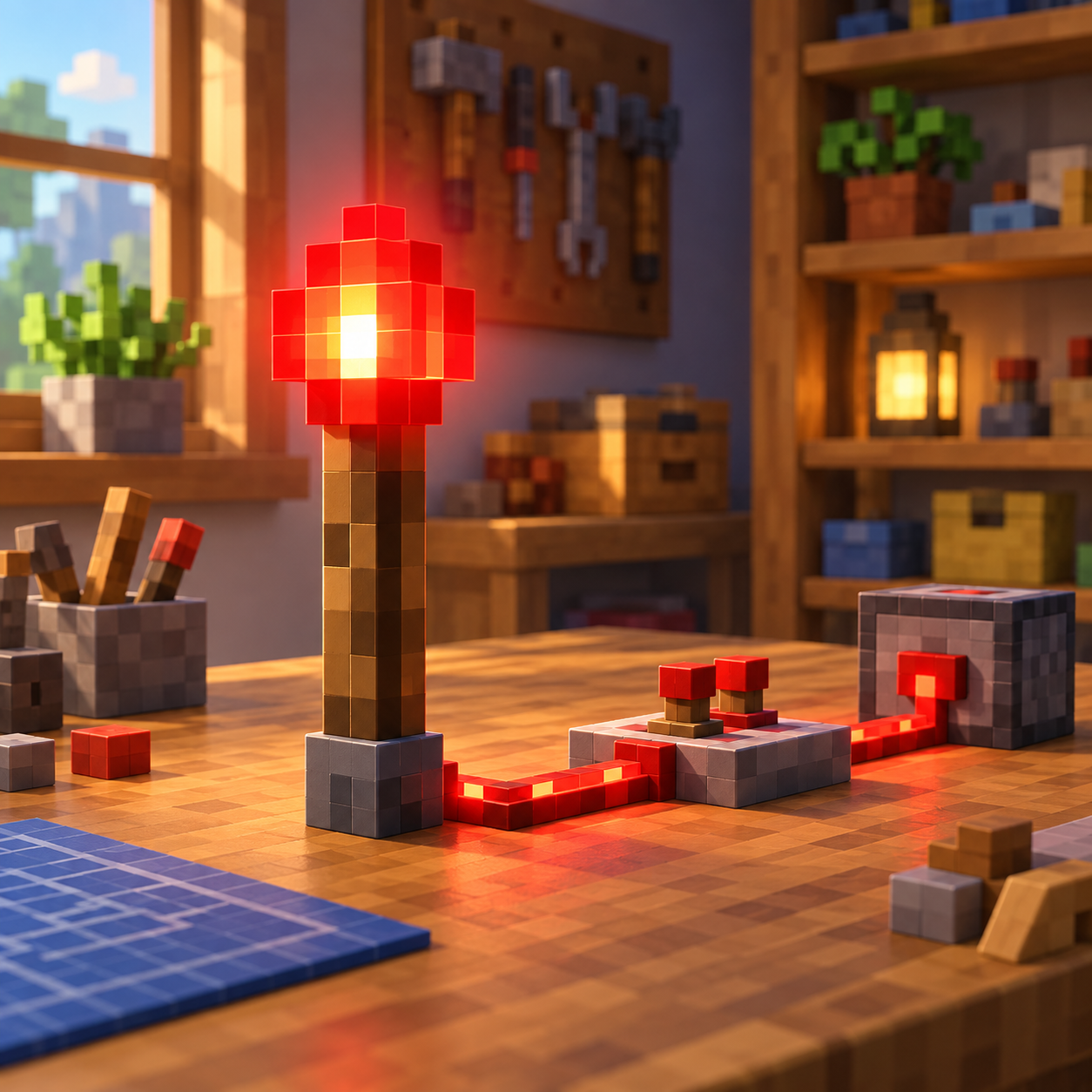 Block world illustration of red stone torch