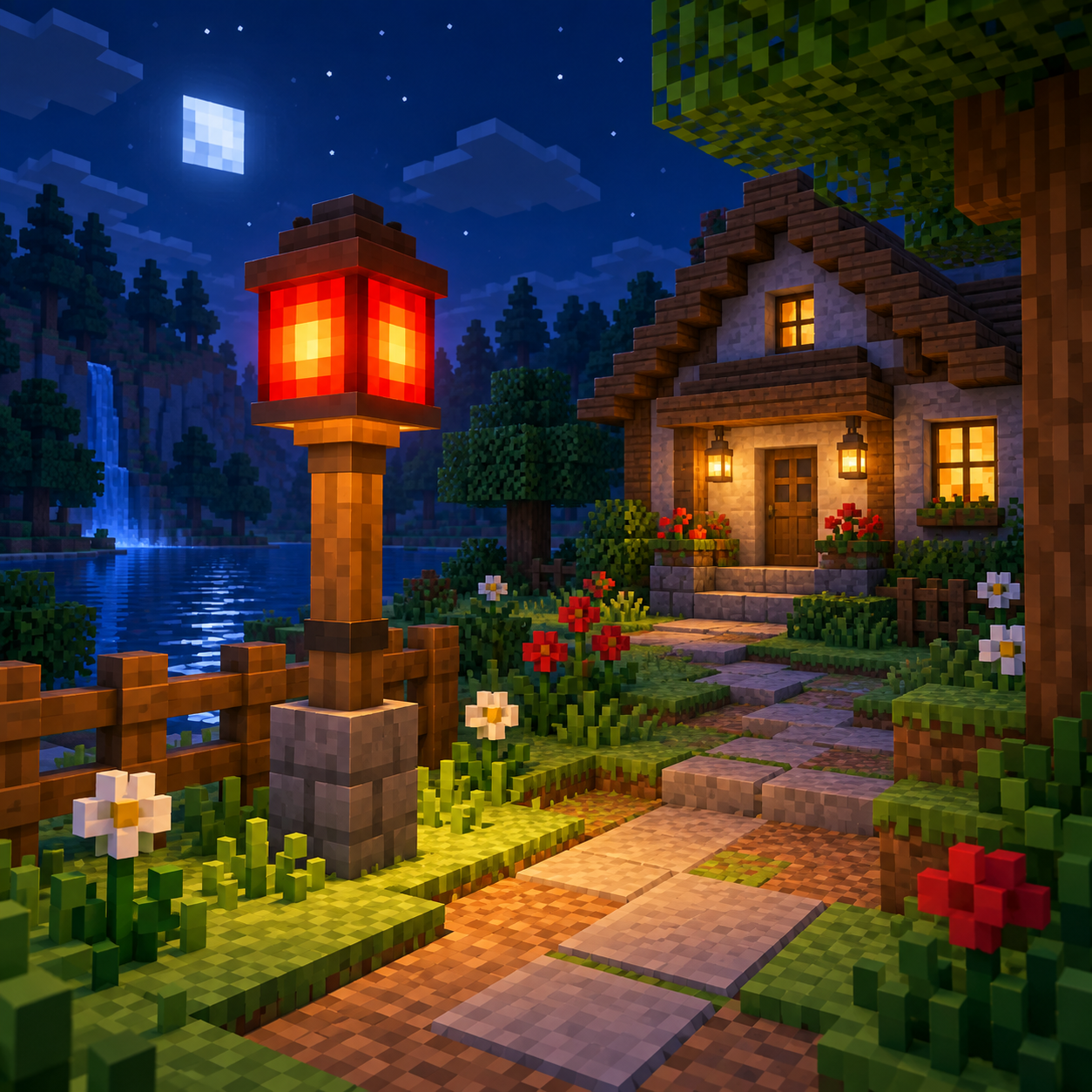 Illustration of the block world of red stone lamp