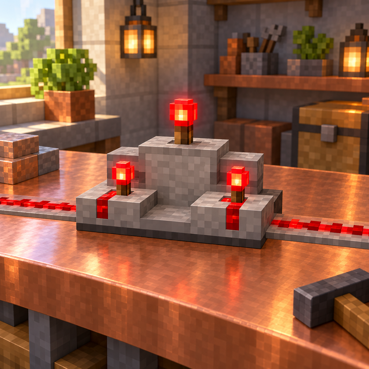 Block world illustration of red stone comparator