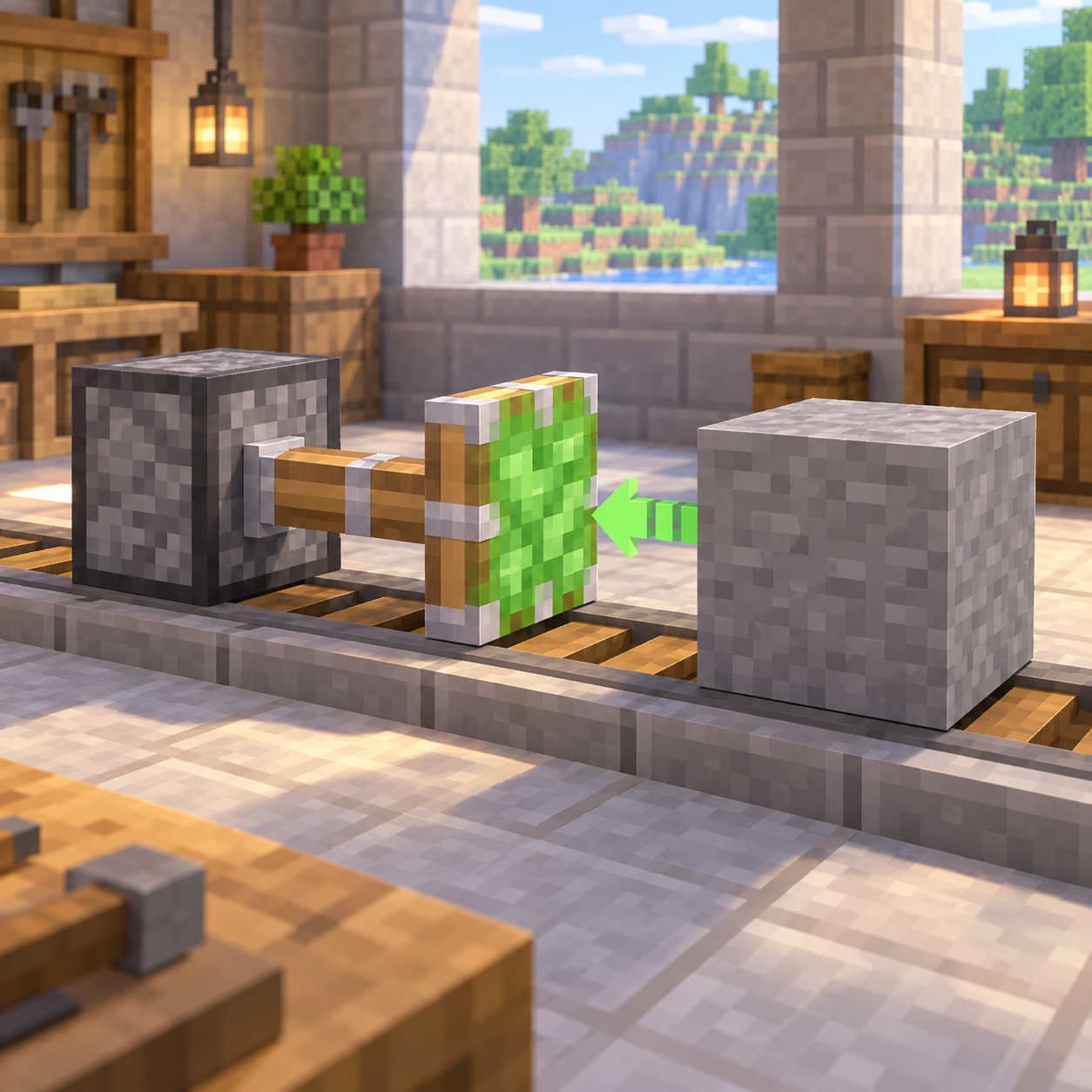 An illustration of the square world of sticky pistons.