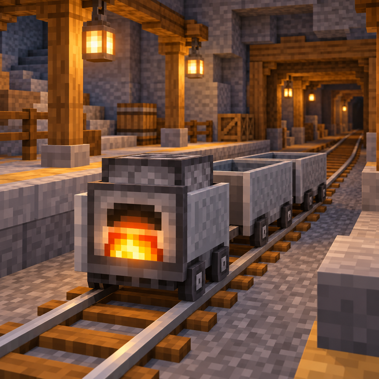 Block world illustration of powered minecart