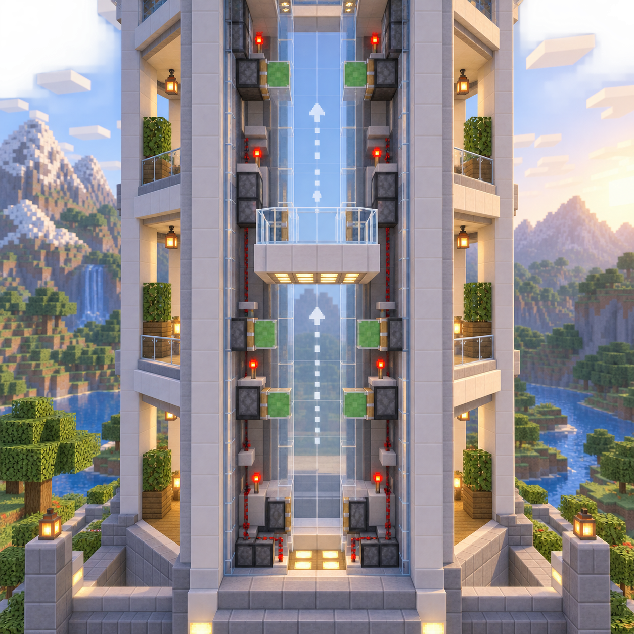 Block world illustration of red stone elevator