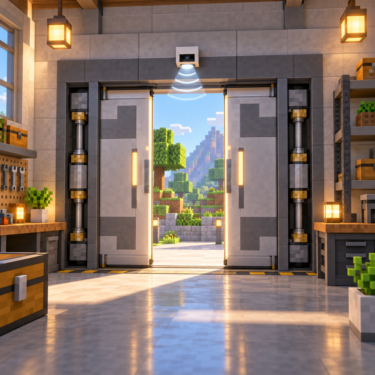 An illustration of the square world in an automatic door.