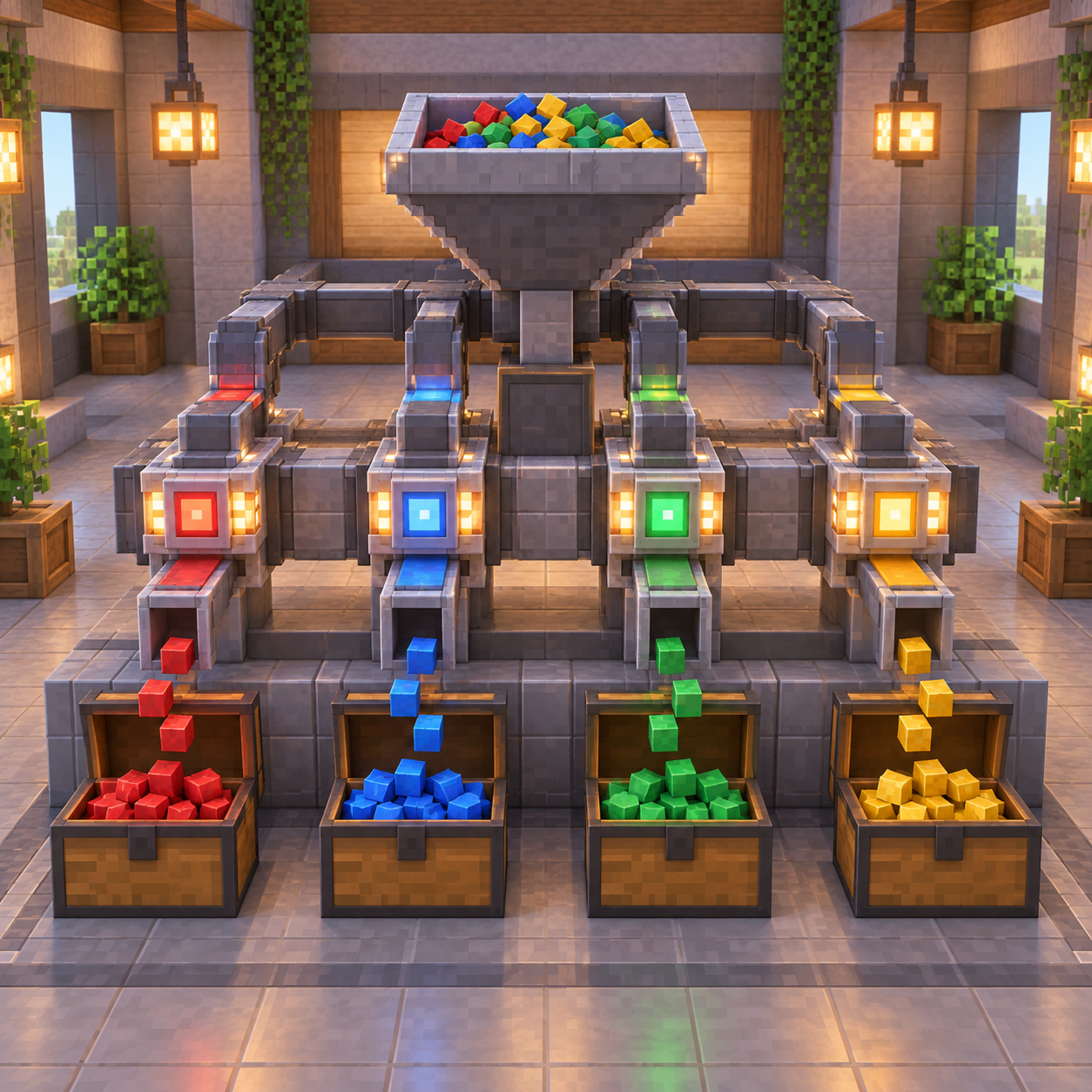 Block world illustration of item sorting machine