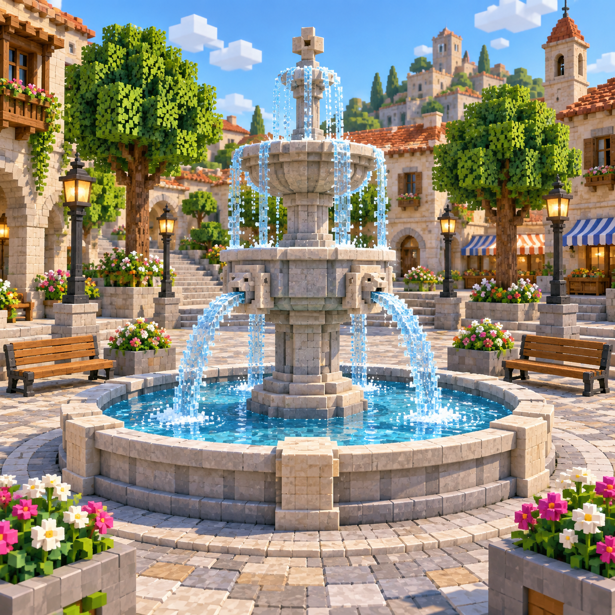 Fountain block world illustration