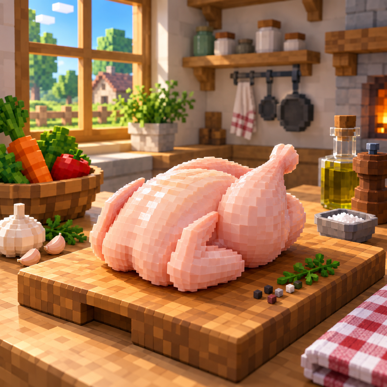 Illustration of the cube world of raw chicken