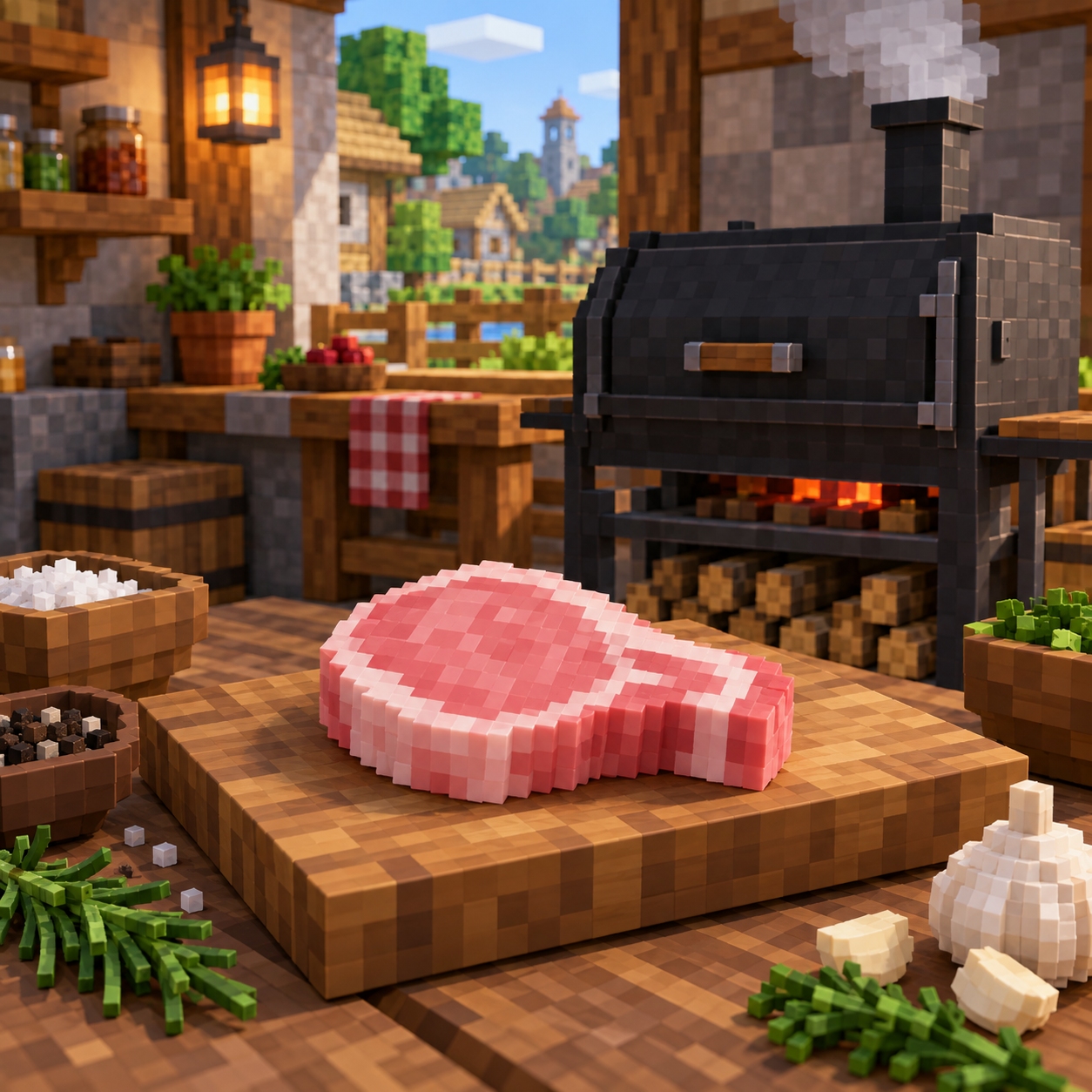 Pork chop cube world illustration