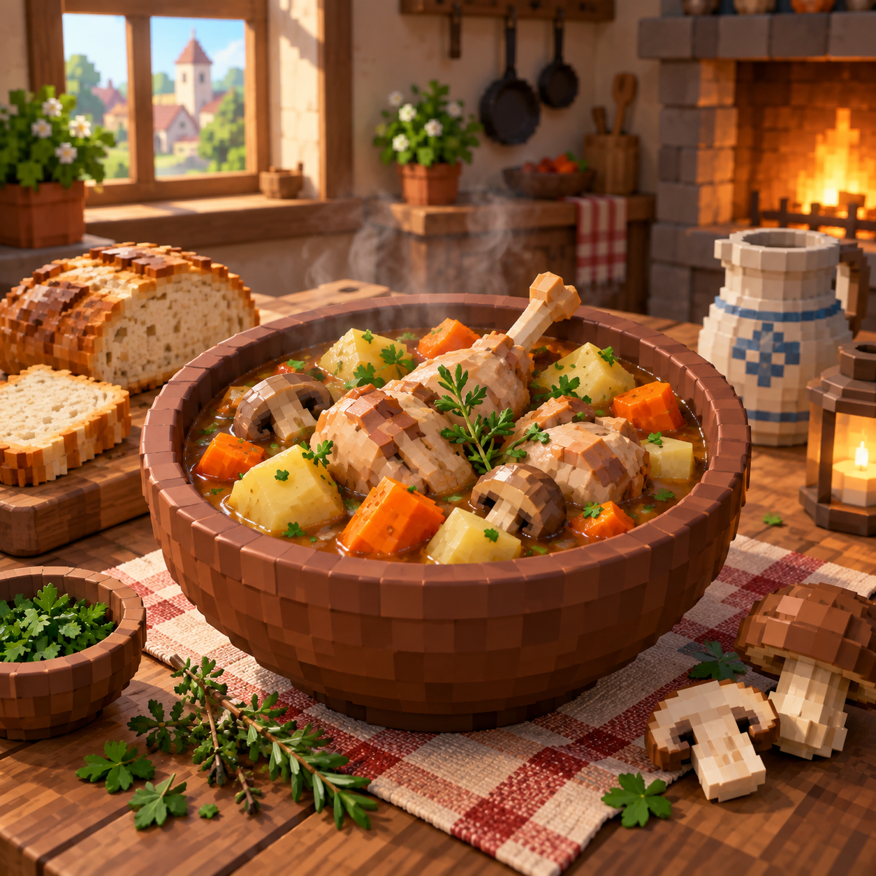 Illustration of the cube world of rabbit meat pot