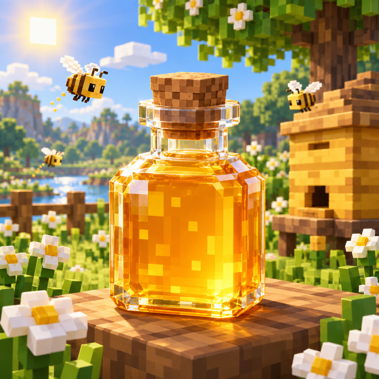 An illustration of the square world in a honey bottle.