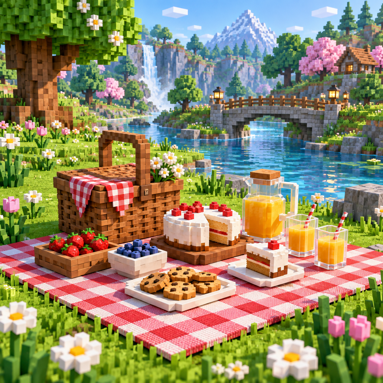 An illustration of the square world at a picnic.