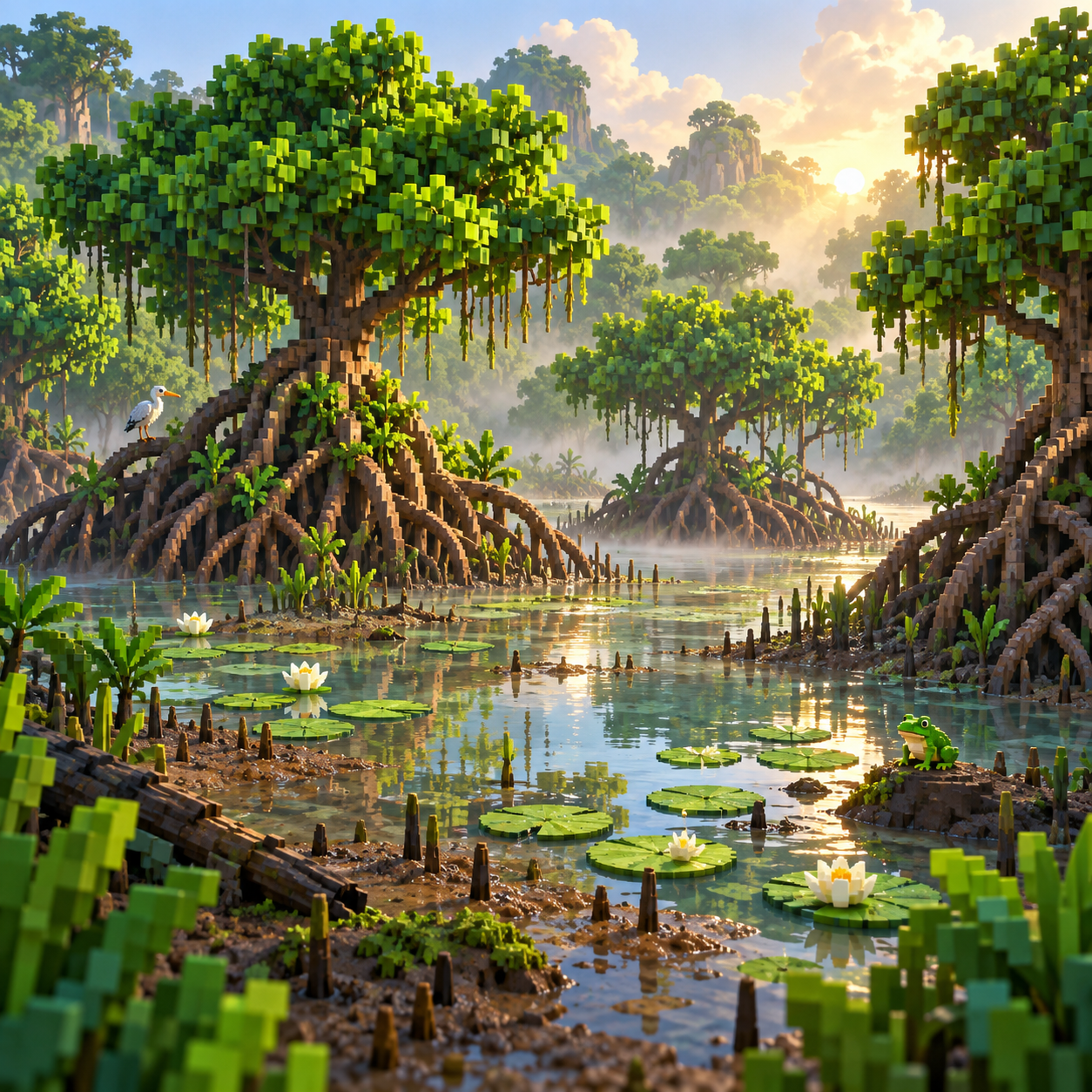 红树林沼泽的方块世界插画