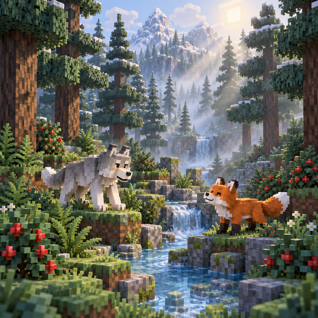 An illustration of the world of squares in a needle forest.