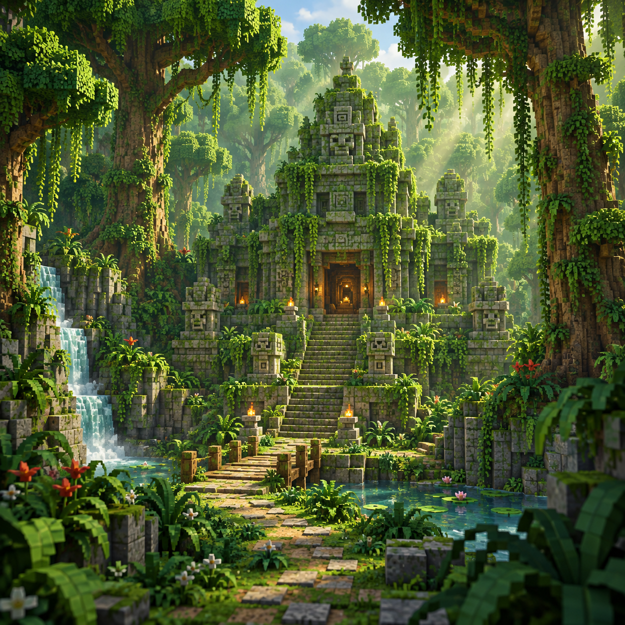 Block world illustration of jungle temple