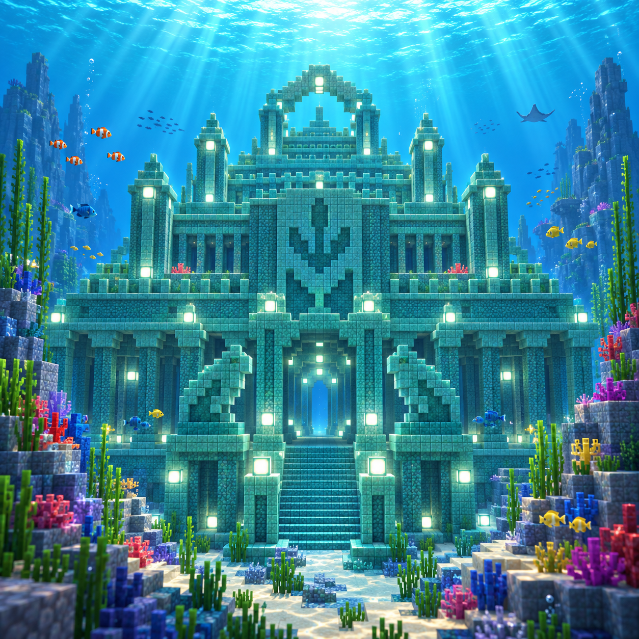 Illustration of the block world of the underwater temple