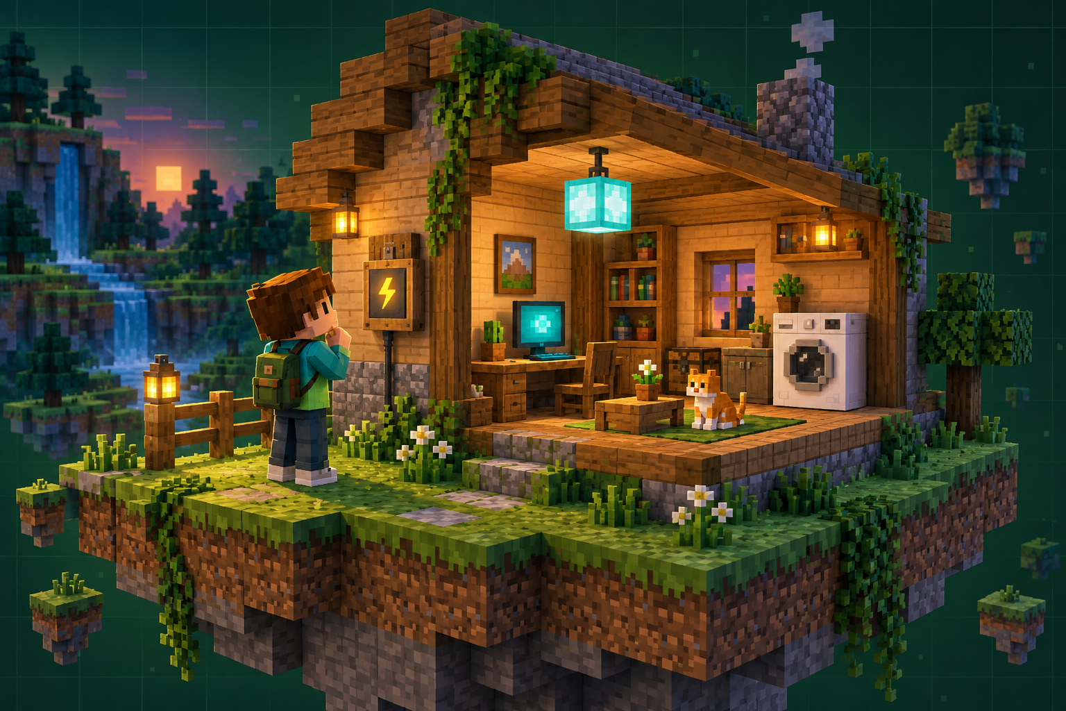 Minecraft style concept illustration: lamp, computer, washing machine and main meter in a wooden house