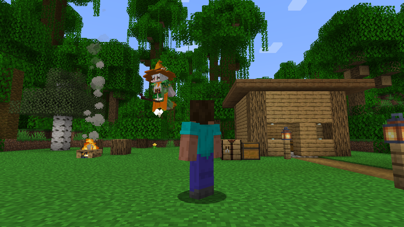Player and broom witch in Minecraft game, with woods and cabins in the background