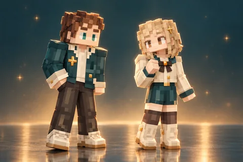 Amber Startrail · Couple artwork with layered hair, soft studio light and floor reflections
