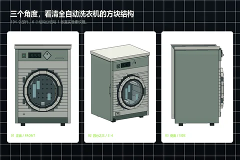 全自动洗衣机正面、斜侧和侧面结构视图