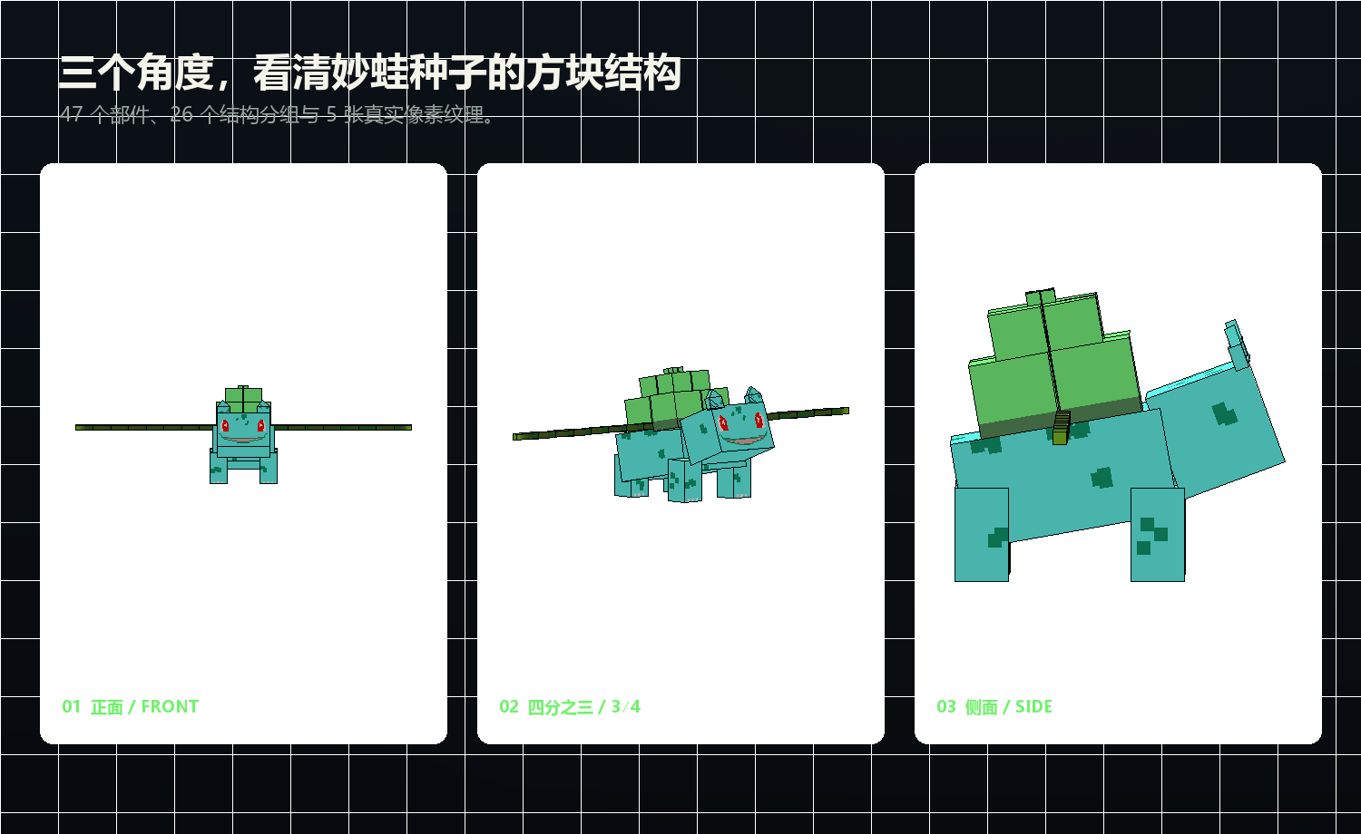 新版妙蛙种子藤鞭 Blockbench 模型的正面、四分之三和侧面视图