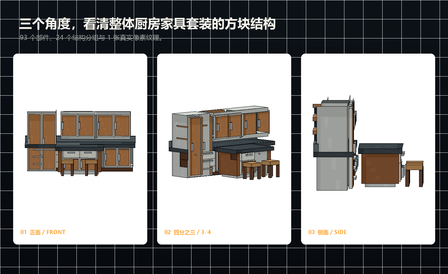 整体厨房家具套装 Blockbench 模型的正面、四分之三和侧面视图