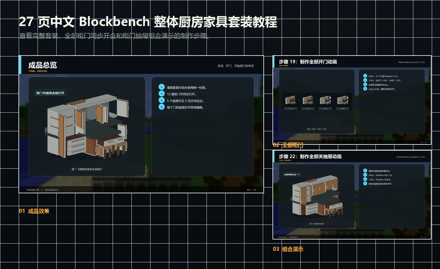 整体厨房家具套装 27 页中文 Blockbench 动画教程内容总览