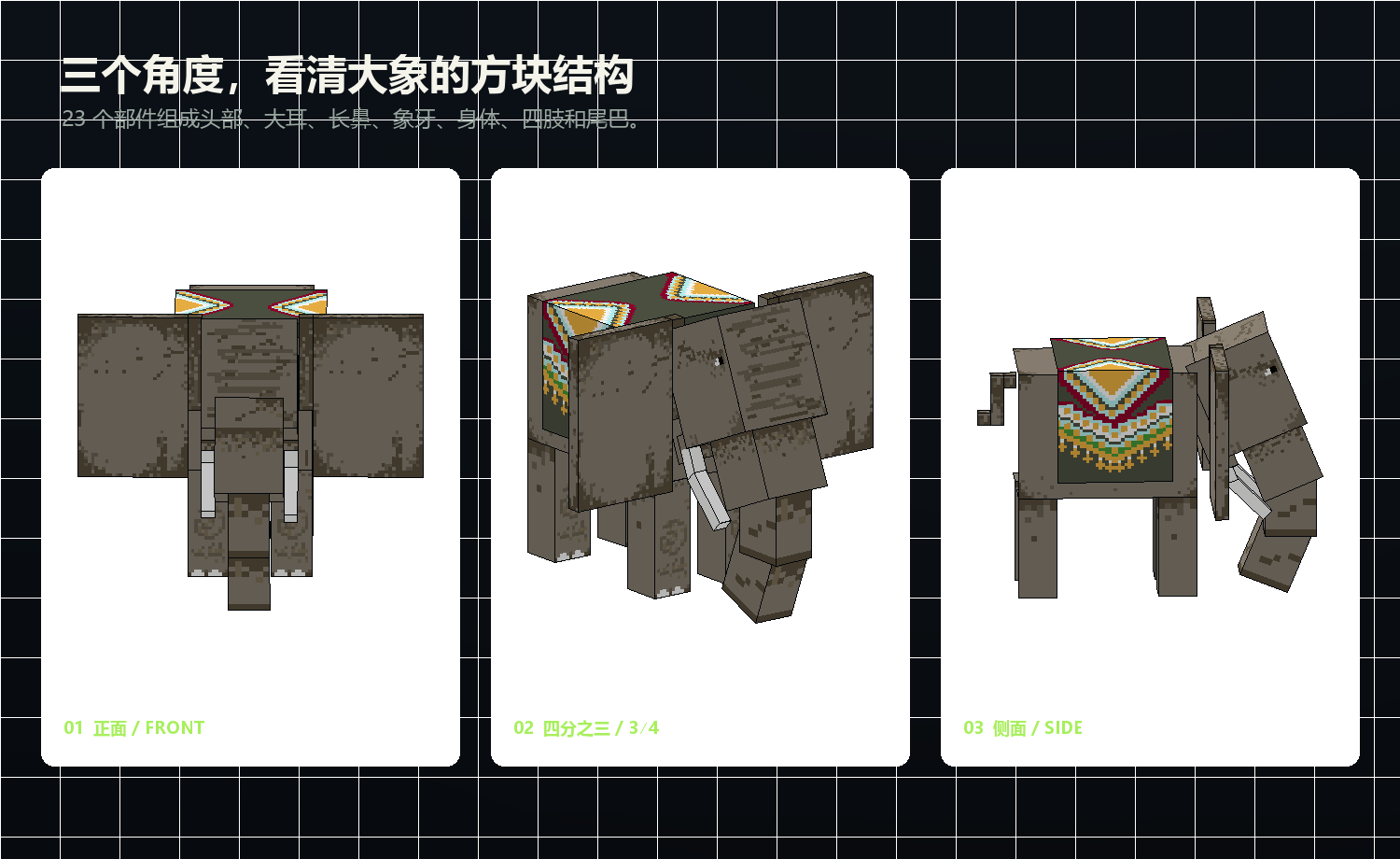 大象 Blockbench 生物模型的正面、四分之三和侧面视图