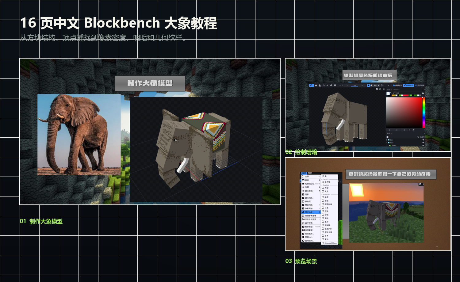 Blockbench 大象中文教程中的模型结构、纹理明暗和 Minecraft 预览场景