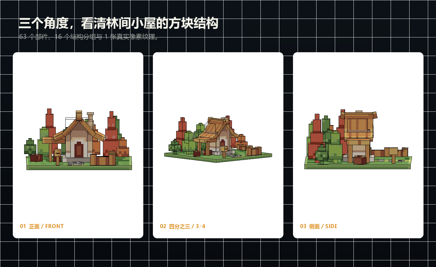 林间小屋 Blockbench 建筑模型的正面、四分之三和侧面视图