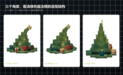 绿色魔法帽 Java Block 模型的正面、斜侧面与侧面结构