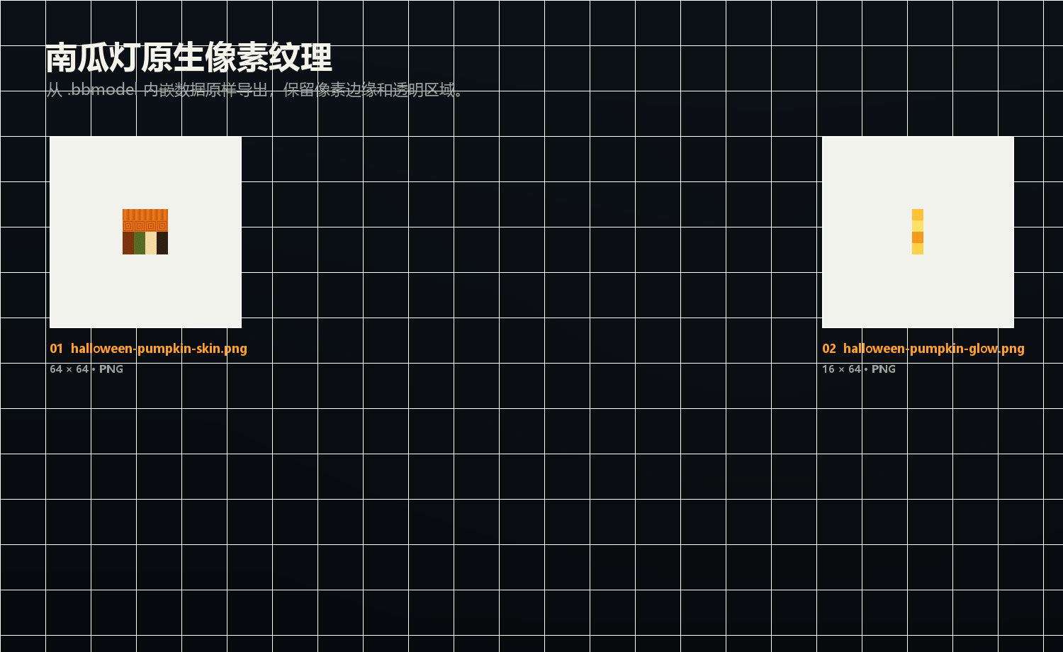 南瓜灯的橙色表皮像素纹理与四帧暖光动画贴图