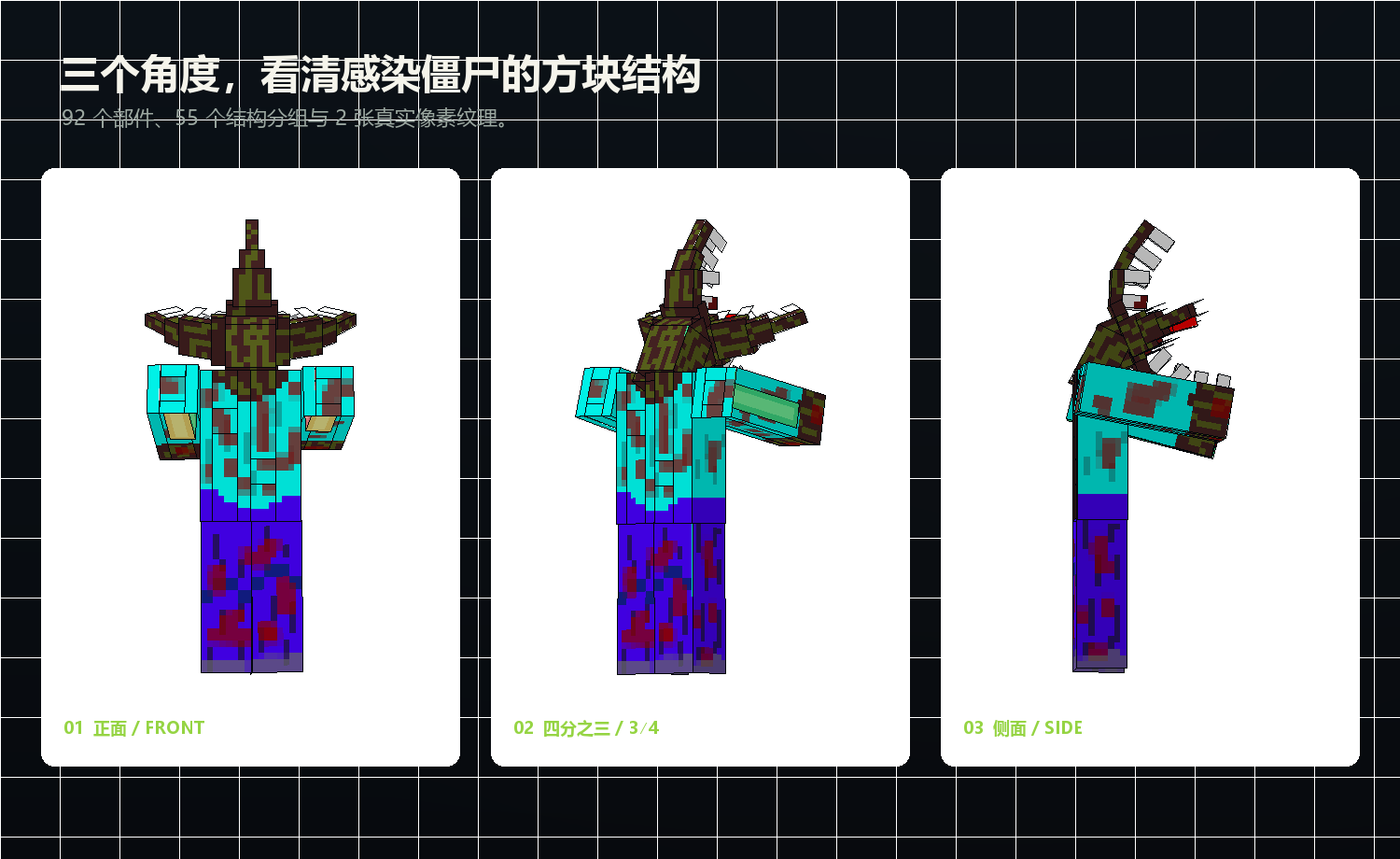 感染僵尸 Blockbench 生物模型的正面、四分之三和侧面视图