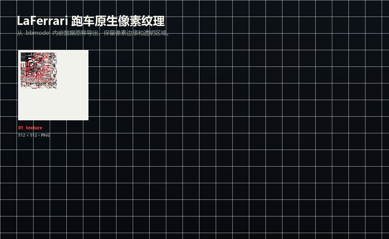 LaFerrari 拉法跑车 Blockbench 模型的 512 × 512 原生像素纹理总览