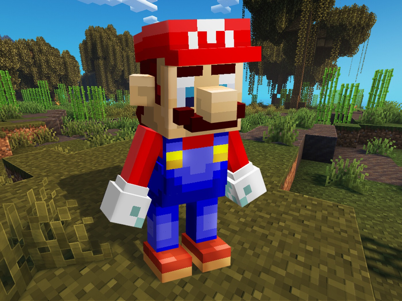 Minecraft 场景中的方块风马里奥完整角色模型