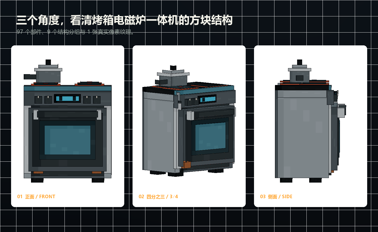 烤箱电磁炉一体机 Blockbench 家具模型的正面、四分之三和侧面视图