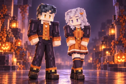 Pumpkin Nocturne · Couple artwork with layered hair, soft studio light and floor reflections