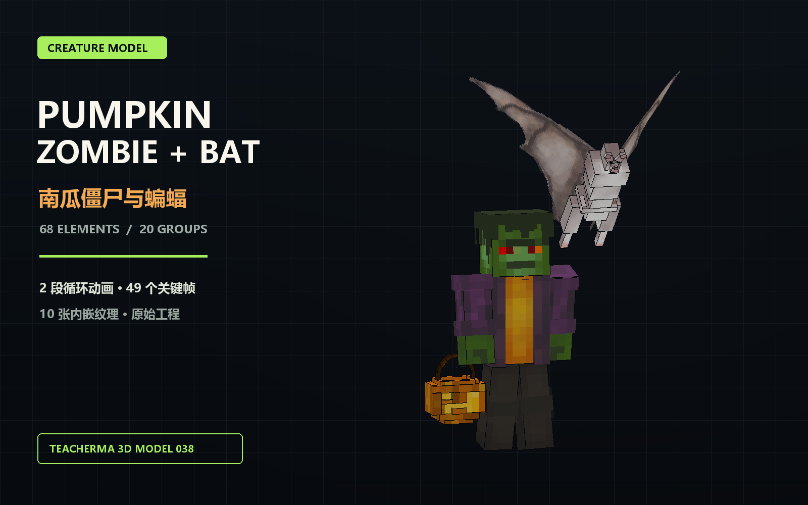 Pumpkin zombie and bat