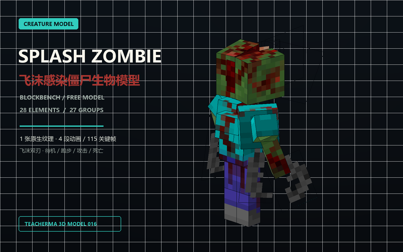 带双手飞沫武器和感染纹理的方块僵尸 Blockbench 生物模型预览