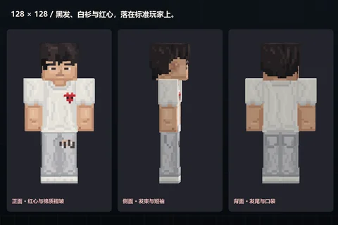 Front, side and back of the White Tee skin: dark hair, a heart T-shirt, gray trousers and back pockets