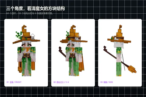魔女 Witch Blockbench 角色模型的正面、四分之三和侧面视图